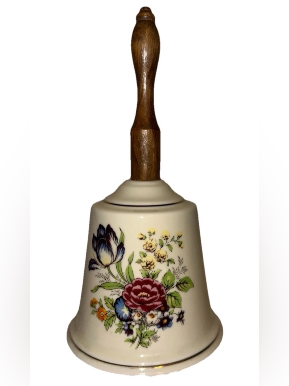 Vintage Porcelain Floral Dinner Table Bell With Wood Handle 7 3/4”